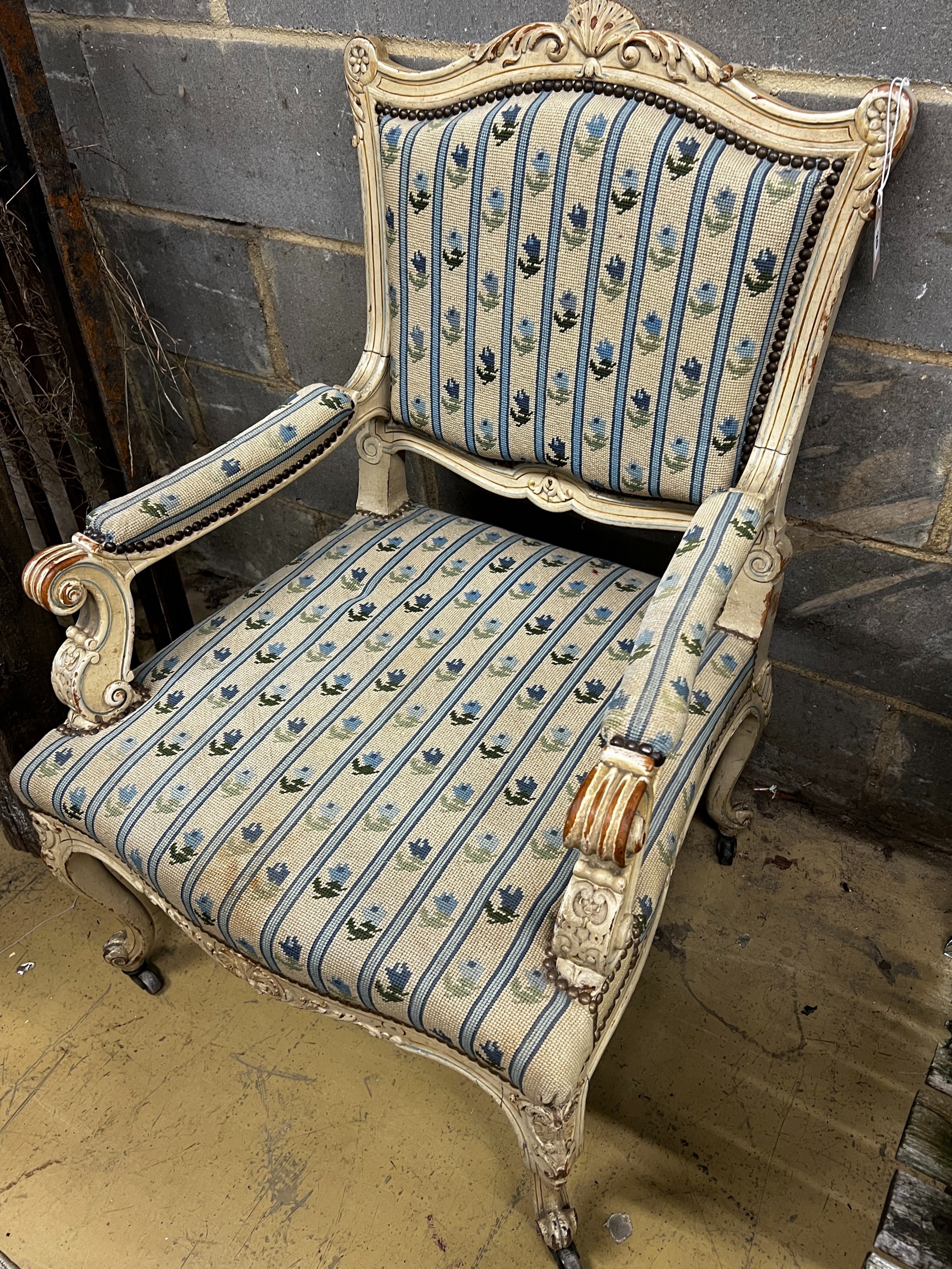 A French painted elbow chair with tapestry upholstery, width 64cm, depth 70cm, height 94cm